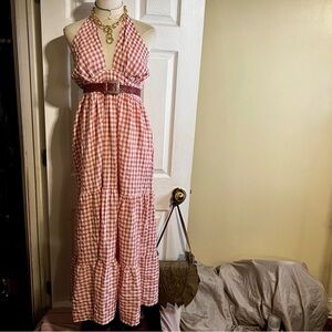 New Wms Red Gingham Tiered Halter Cottagecore Boho Western Maxi Dress M